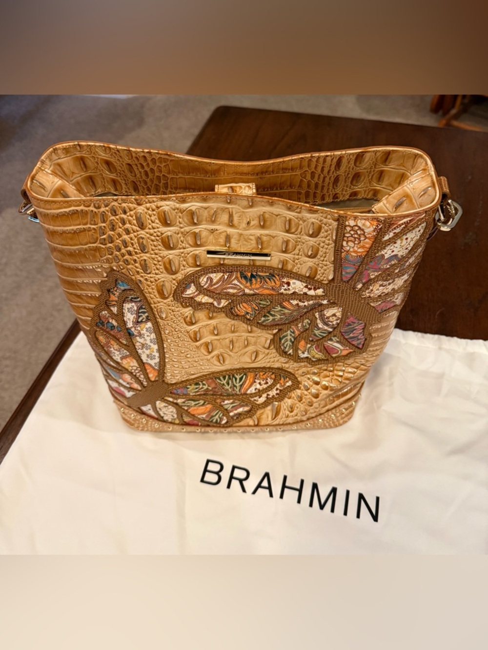 Brahmin Honey Brown Gala Celina Leather Tote with Colorful Butterfly Insets